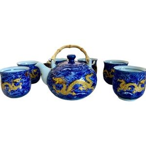 Blue and Gold Chinese Dragon Teapot Set (Vintage/Handmade)